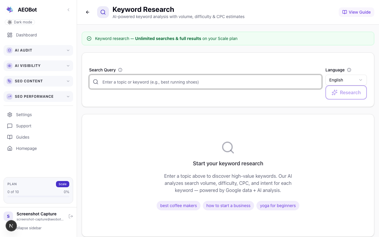AEOBot keyword research screen