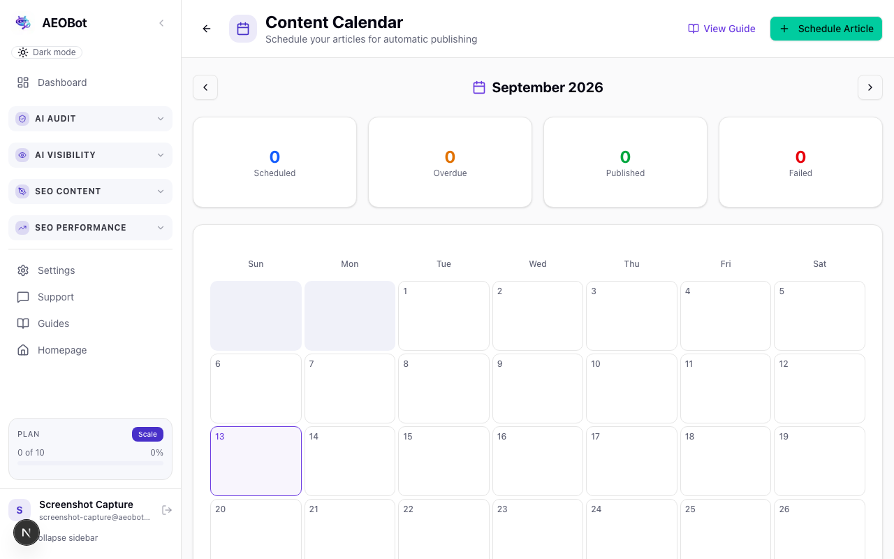 AEOBot content calendar screen