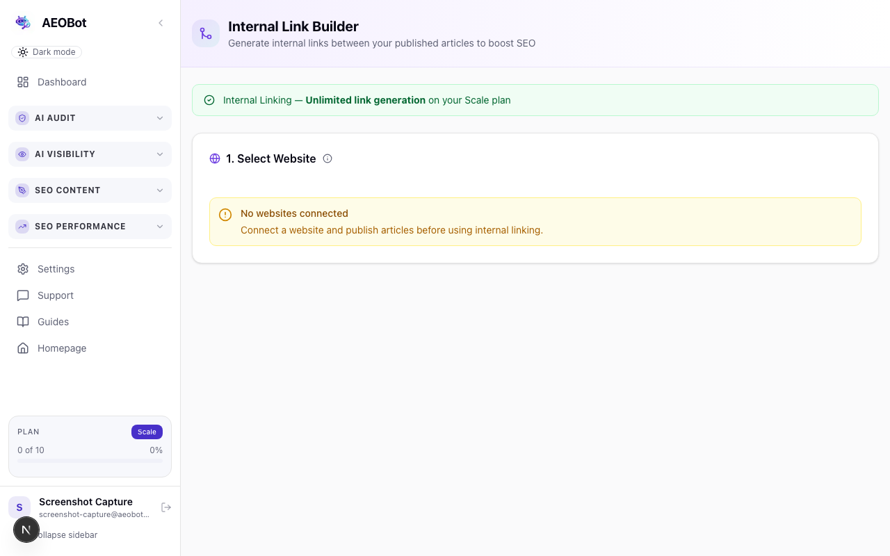 AEOBot internal linking suggestions screen